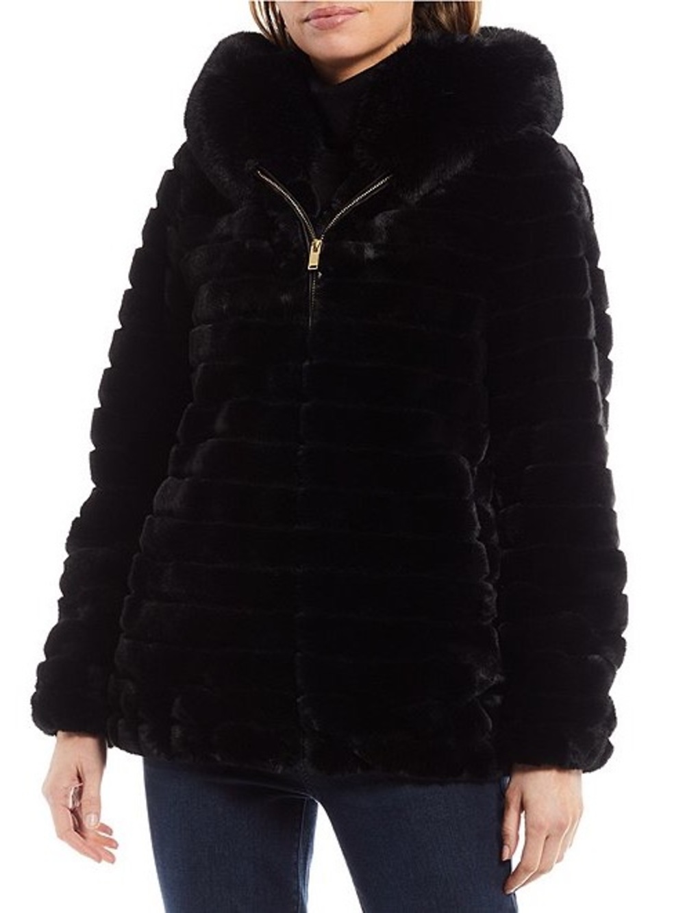 NWT Gallery Black Grooved Faux Fur Hooded Zip Jacket Coat Size L